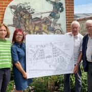 Campaigners - Pam Cox, resident Linda Green, Paul Knappett and Sir Bob Russell holding a plan of the former site of the Artillery Barracks
