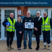 (L to r) Lee Woodridge, assistant site manager; Sophie Payne, sales advisor; Moxie Bayne, Men’s Talk Club captain; Emma Hawkins, sales manager; Brendan Ledwell, site manager - at the sales centre at Bellway’s Hollytree Walk development in Colchester