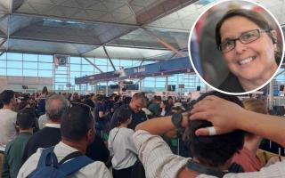 Chaos - an image of the border control area at Stansted Airport and an inset image of passenger Nanita Albone