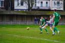 Strike - Maldon and Tiptree's George Smith fires towards goal during his side's defeat at Gorleston