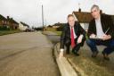 Falling apart – councillor Kim Naish shows MEP Richard Howitt a defective kerb in Queen Mary Avenue