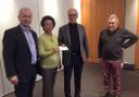 Cheque - Campaign chairman Peter Wilson (second right) with Rotary Club members Mark Howell, Helen Chuah and Austin Hicks
