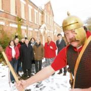 Jess Jephcott dressed as a Roman legionary with leading campaigners on the circus site yesterday