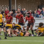 Tussle - Colchester Rugby Club (red and black kit) take on Hertford at Raven Park Picture: JAMCEL PHOTOS