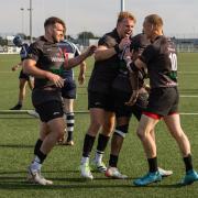 Big win - Colchester Rugby Club celebrate one of their eight tries against Sudbury