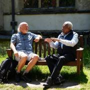 Discussion - Bill Bailey and Sir Trevor McDonald outside St Mary's Church in Dedham