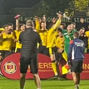 Trophy time - Stanway Rovers celebrate after beating Romford to win the Errington Challenge Cup