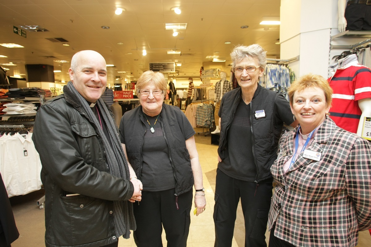 Special visit - the Right Rev Stephen Cottrell visited Colchester town centre in March 2011. He is pictured with town chaplin Rev Alison Finch and Debenhams staff Thelma Stang and Shelagh Elbourne