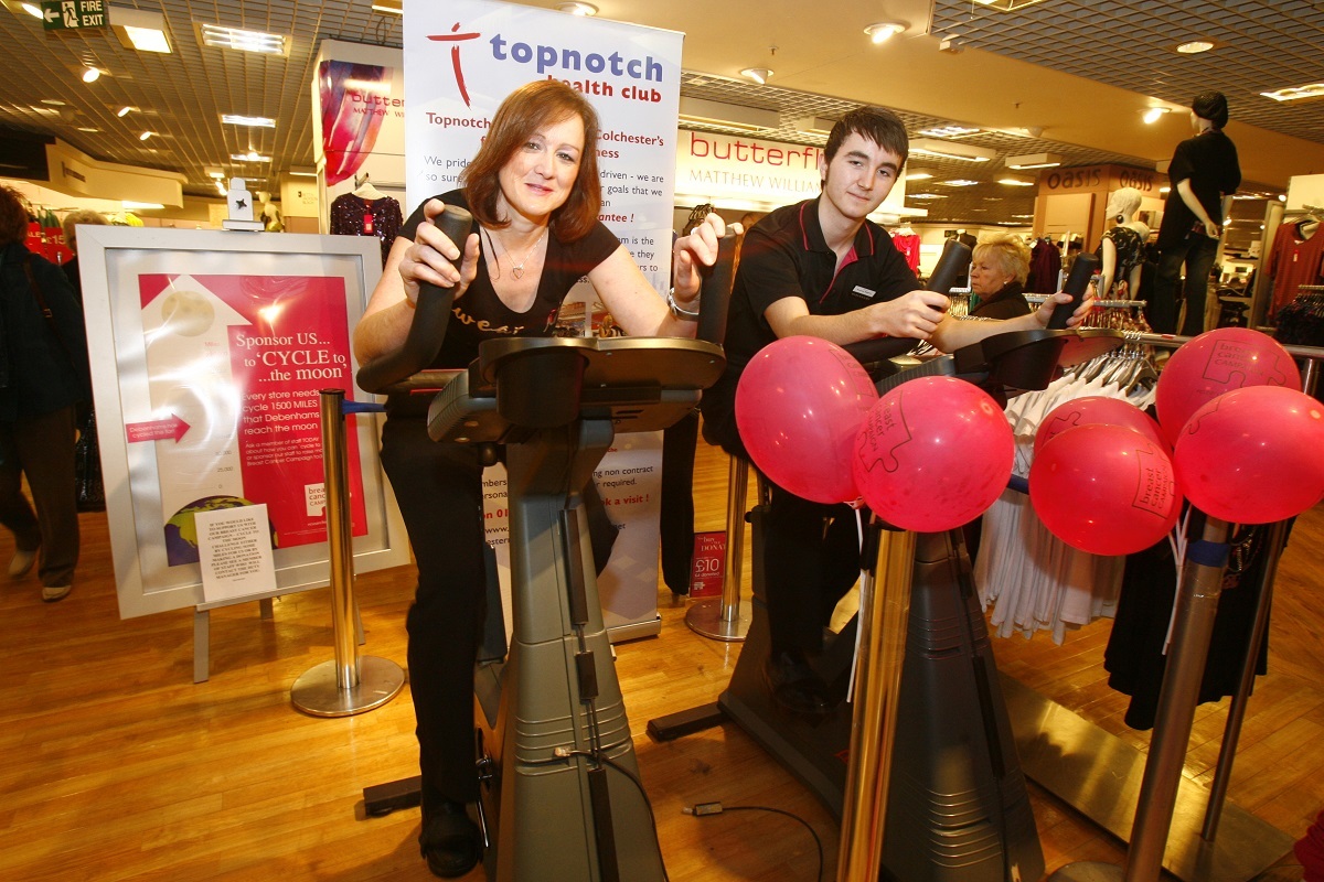 Get on your bike - staff at Debenhams raised money for the Cycling for Cancer charity. Terry Forster and Tracy Baker saddle up for this picture taken in October 2009