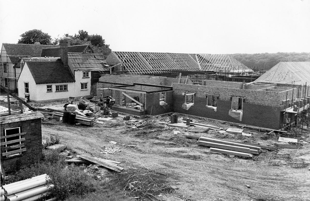 Building work - the side extension being built onto Myland Hall in 1984. THis building would house patient rooms and a dining room