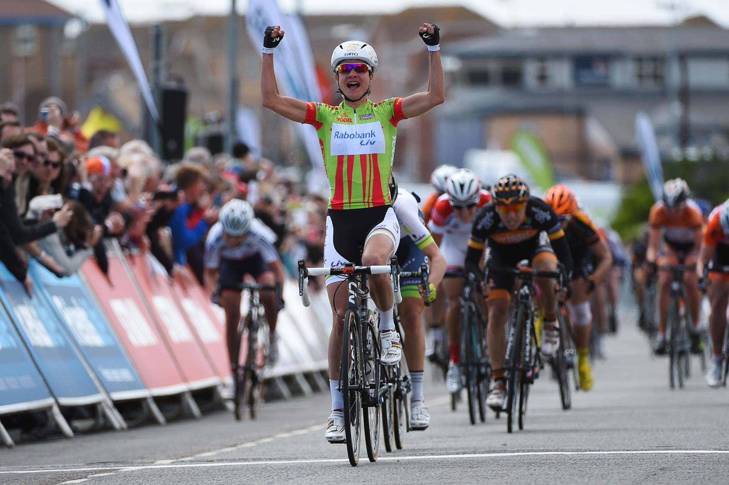Winner - Marianne Vos celebrates as she crosses the line to win Stage 3 in Clacton in 2014. Picture: Alex Broadway/SWpix.com