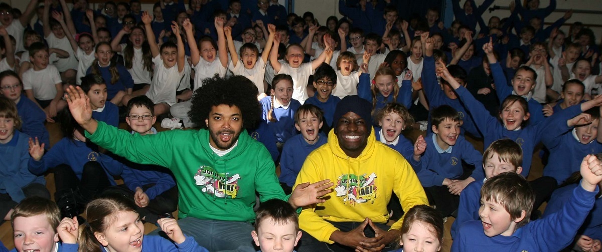 Famous faces - Broomgrove Junior School, in Wivenhoe, had a visit from childrens TV presenters Johnny Cochrane and Inel Tomlinson during their assembly in 2013