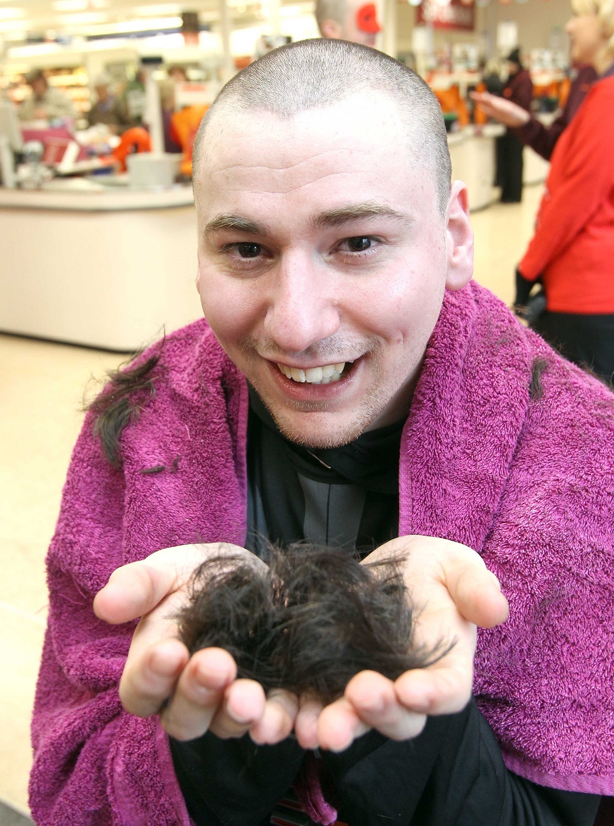 Enough head - Danielle Nash shaved Scott Bowes and Paul Roche at Sainsburys in Halstead in 2013