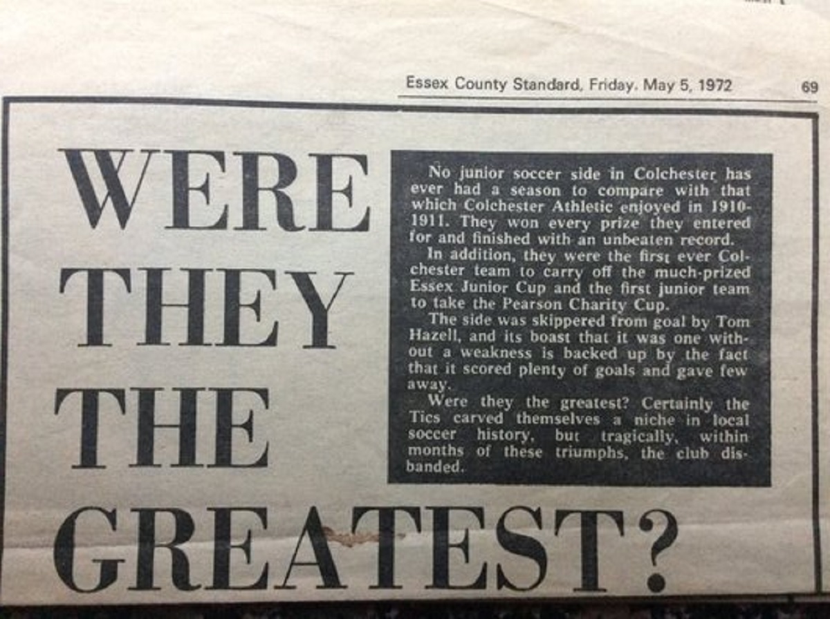 Making headlines - the Essex County Standard headline from 1972, regarding The Tics outstanding 1910-11 season