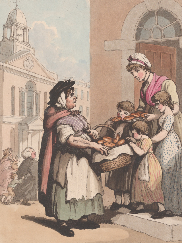 HISTORY. Good Friday hot cross buns on sale in Regency England by the artist Thomas Rowlandson