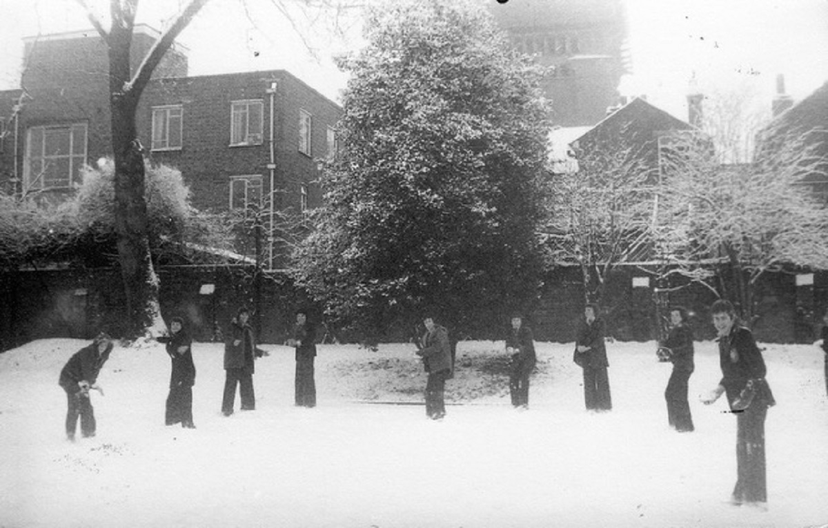 Every snow often - a snowball fight on the upper playground, in the 1970s