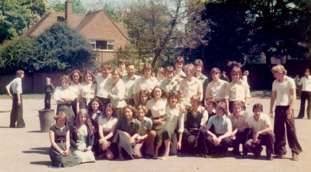 Pastures news - this is most likely a photo of school leavers with Mr Ross in the early 1980s