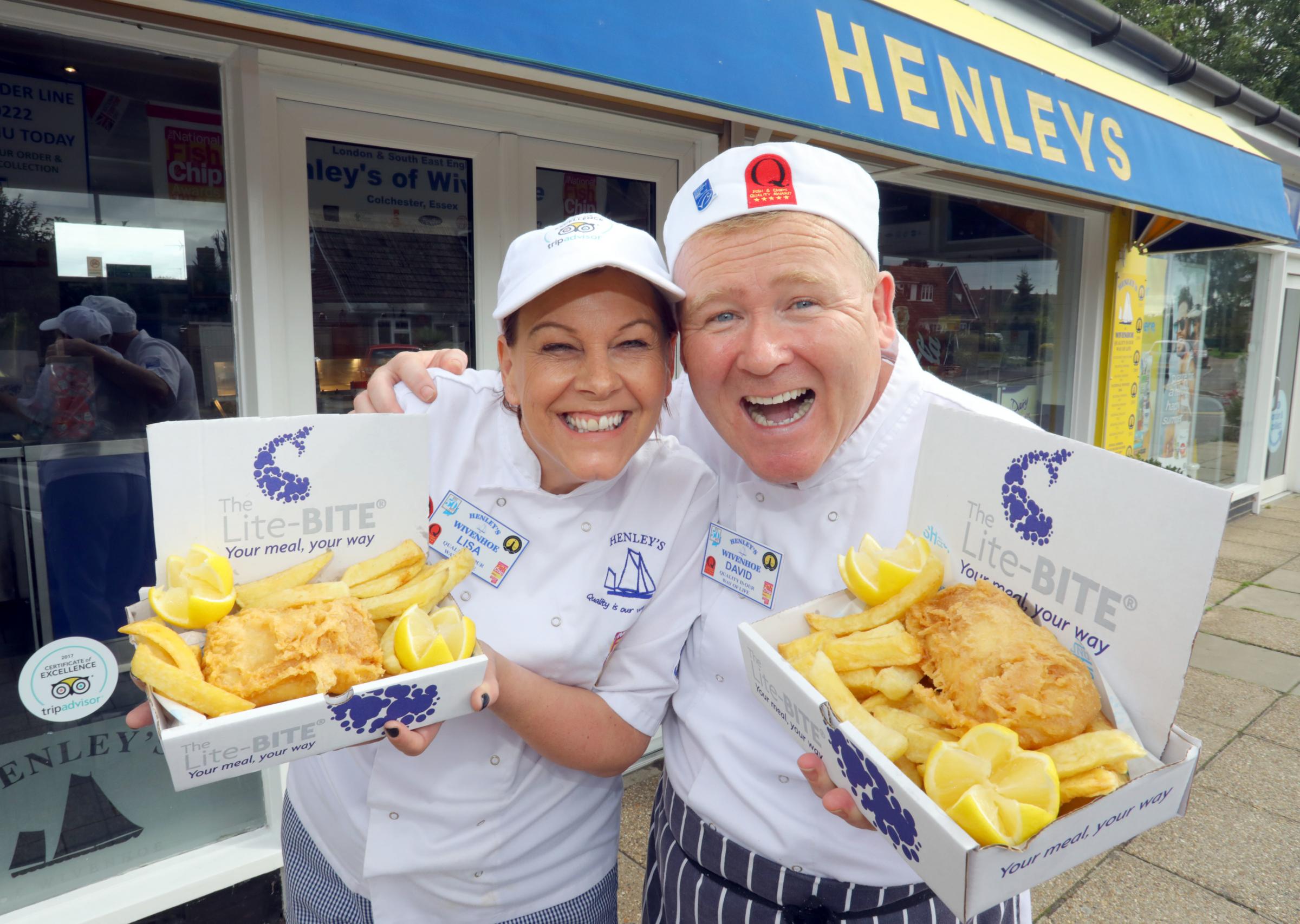 Henleys Fish and Chip Shop in Wivenhoe annouced today as one of the tw top fish and chip shos in London and South East England..Celebraiting are Owners, David and Lisa Henley..