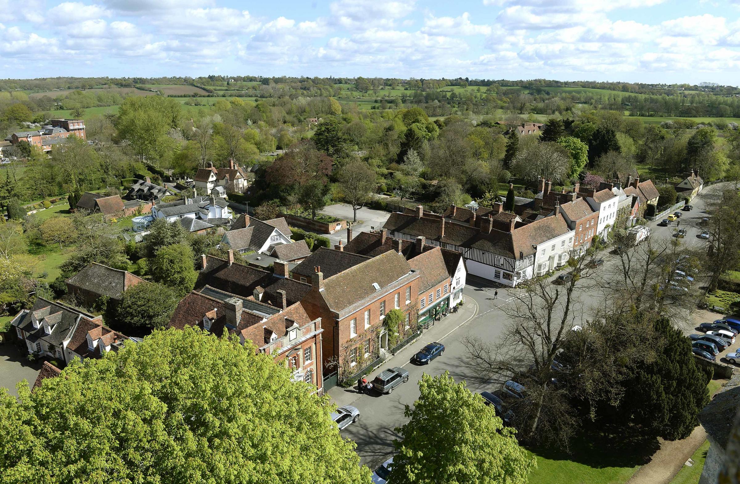 steve brading..27-04-15 sb .St Marys church, Dedham..Views from the top of the tower, looking down the High Street...