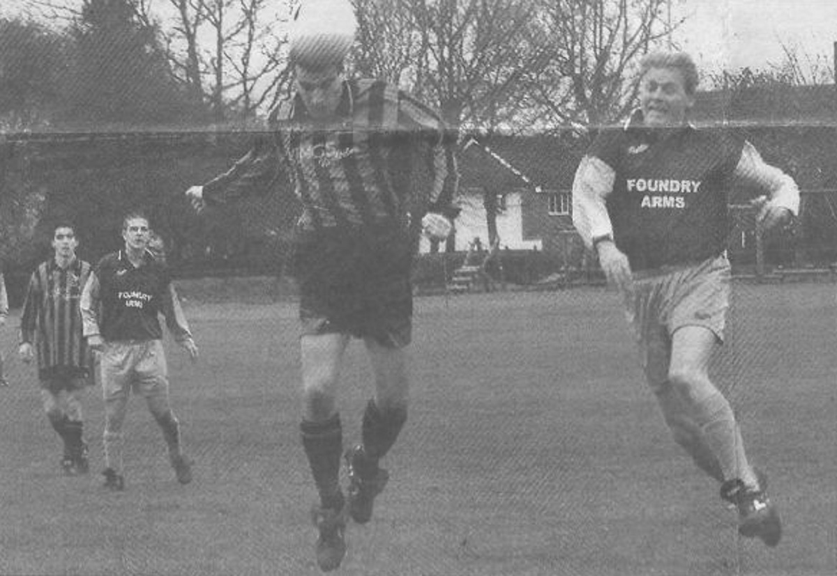 Race for the ball - AFC Pegasus Reserves (in stripes) were comfortable winners of the 1999/2000 Ernie Osborne Challenge Cup. They thrashed Foundry Arms 9-0