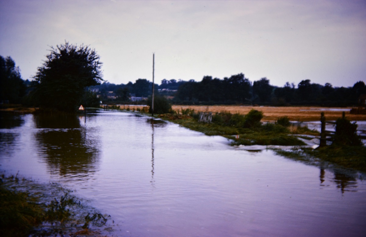 In deep water - the flooded River Stour at Horkesley Hill, in the mid-1960s