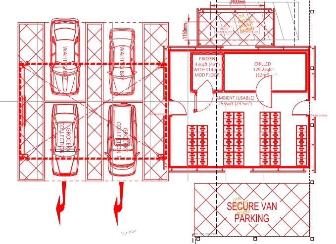 Asda plans show how the click and collect pod will look from above, with room for four vehicles to be loaded from the kiosk
