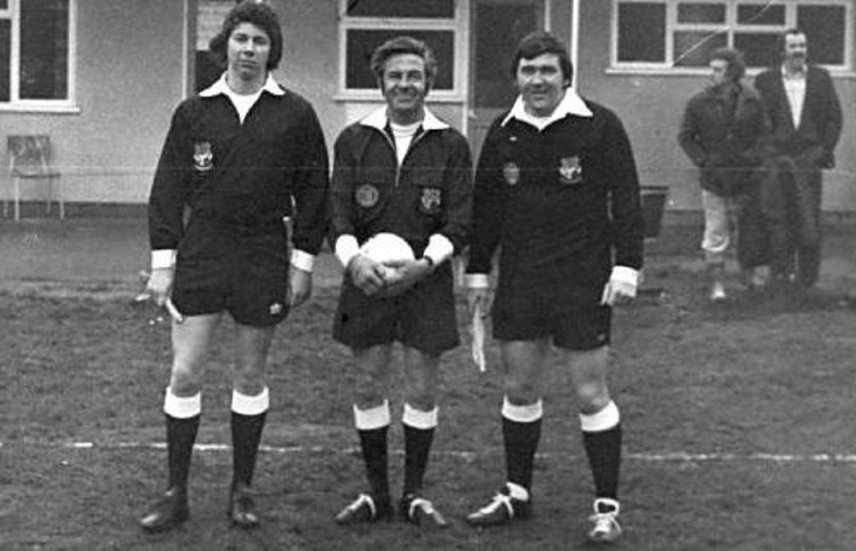 Playing by the rule book - referee Charles Hewitt and linesmen Mark Paget and Dave Duffett. This trio were match officials for the 1974/75 League Cup final, in which Rose and Crown defeated QB 3-2