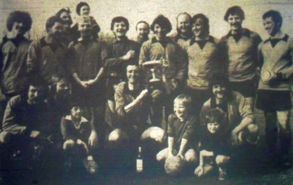 Trophy triumph - Moler Rangers celebrate their fine 3-2 Fowler Cup triumph over Gaslights, at the Bromley Road ground in April 1979. Skipper Dave Sawkins is pictured holding the trophy aloft