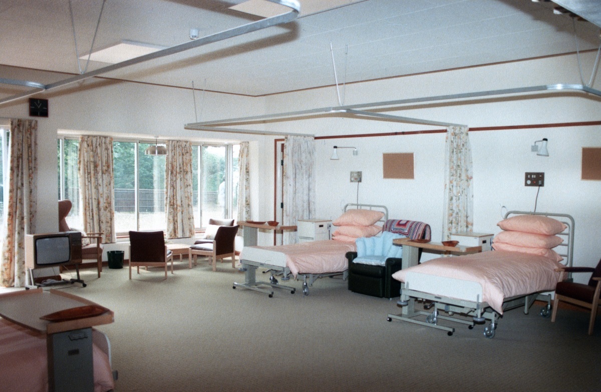 Inside one of the bays - a view of the inpatient unit, when the hospice opened, which looked out onto the garden