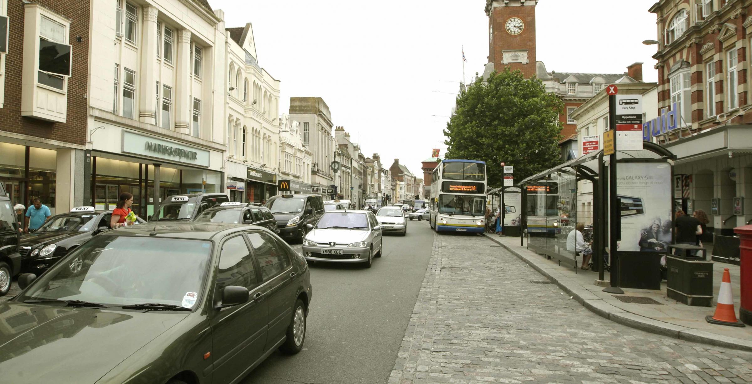 steve brading 21-08-12 Colchester High Street, looking from Marks and Spencer and the Taxis Rank back towards Angel Court.