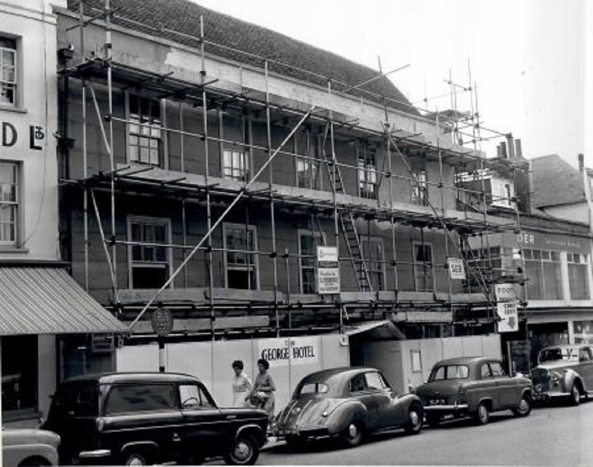 Building work - scaffolding is up during some repair works in the 1950s