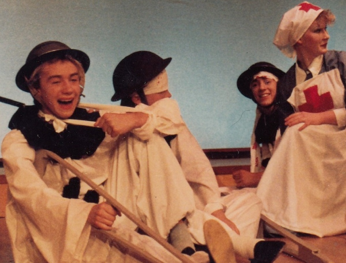 Sharing a joke - Blur star Damon Albarn during his days at the Stanway School, appearing in Oh! What a Lovely War