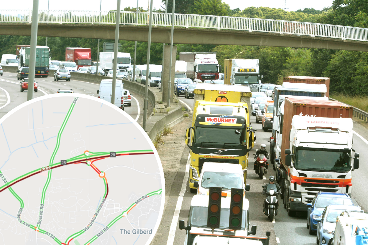 One lane of A12 at Colchester is closed after oil spillage