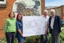 Campaigners - Pam Cox, resident Linda Green, Paul Knappett and Sir Bob Russell holding a plan of the former site of the Artillery Barracks