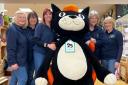 Mascot - Workers Julie, Anita, Amy, Nikki and Jan with the huge Jellycat Jack at Bill & Bert's