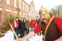 Jess Jephcott dressed as a Roman legionary with leading campaigners on the circus site yesterday