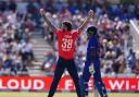 Joy - former Colchester and East Essex seamer Reece Topley celebrates taking the wicket of India's Rohit Sharma Picture: MIKE EGERTON/PA
