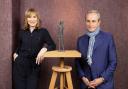 Presenters - Fiona Bruce and Philip Mould with an authentic Elizabeth Frink piece