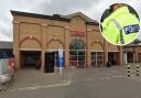 Incident - an image of the Tesco in Greenstead Road and an inset image of a  police officer
