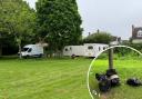 A previous image of the travellers at King's Meadow and an inset image of rubbish discovered in the park