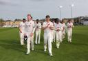 Winning march - Essex players leave the field led by Simon Harmer and Jamie Porter after clinching victory during Essex's victory over Lancashire Picture: GAVIN ELLIS/TGS PHOTO
