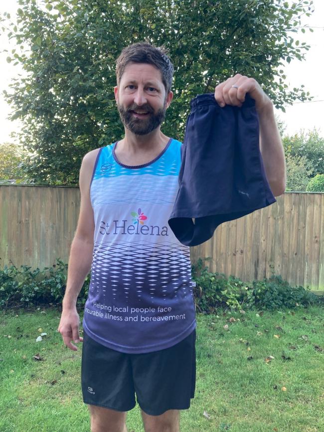London Marathon runner James Hore today with his lucky shorts