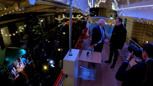Gazette: Boris Johnson and Scott Goodfellow on the top deck of the Tiptree Bus - photo credited to Matt Ling 