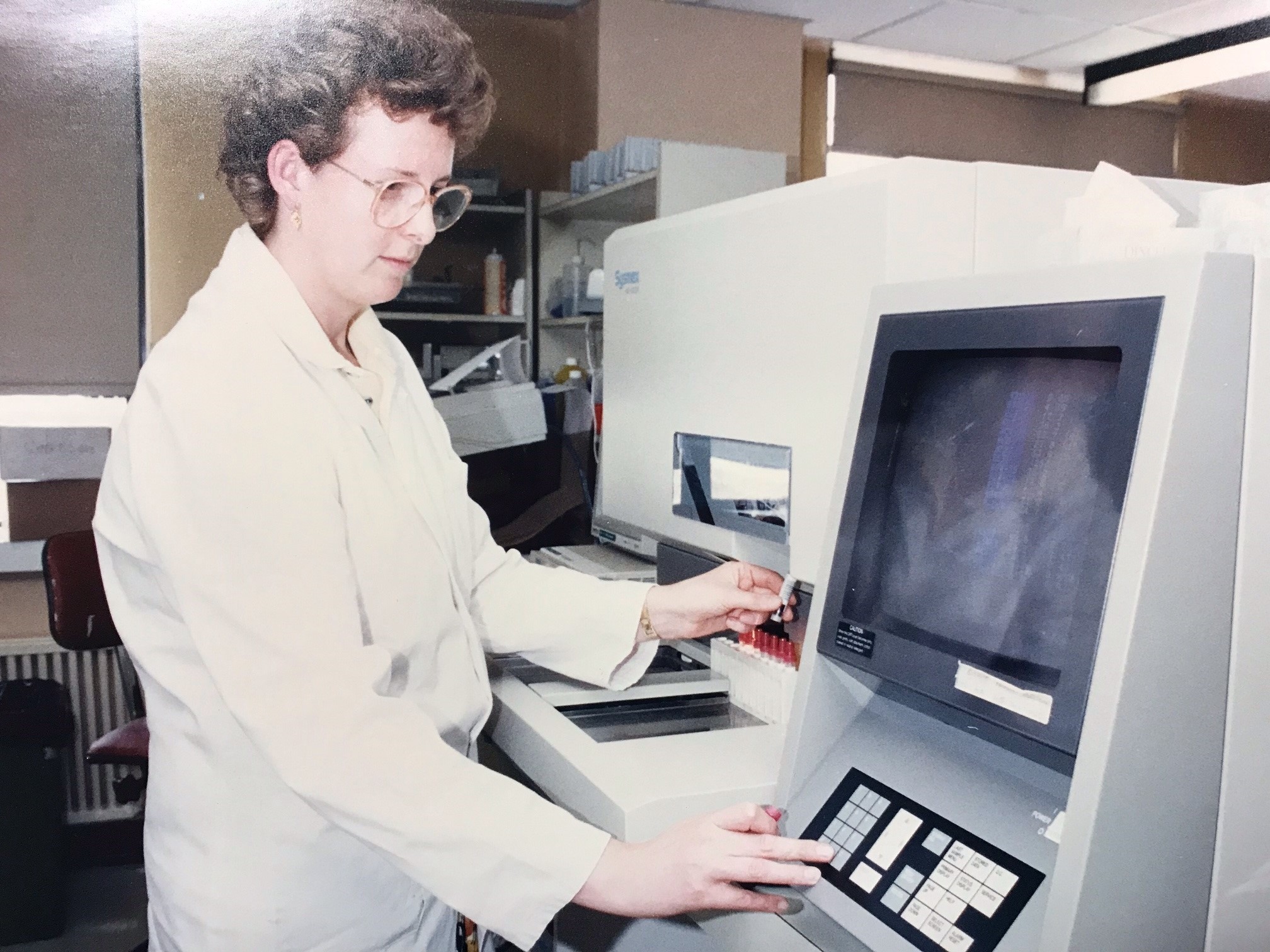 Science - bio medical scientist Pam Line checks blood samples