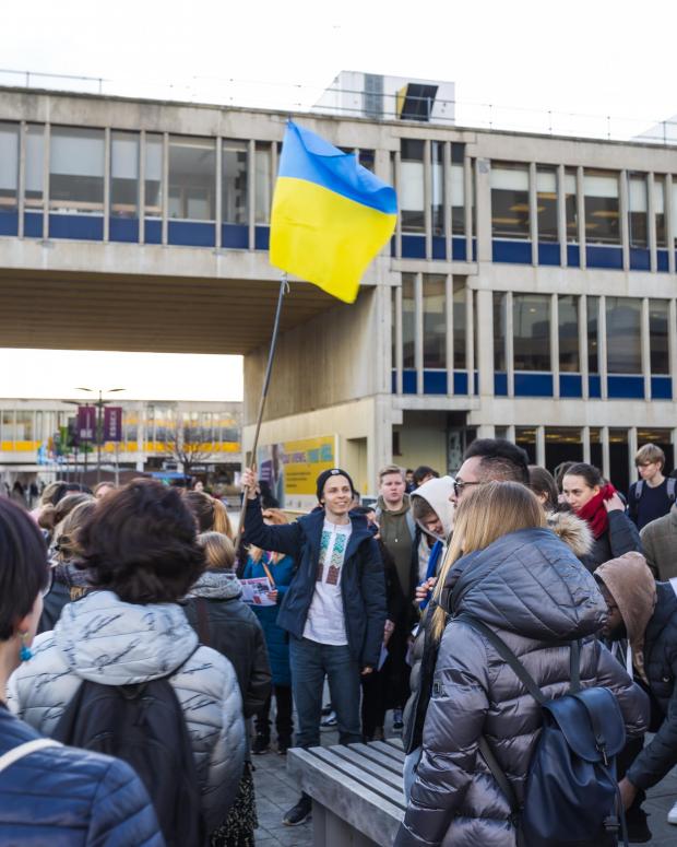 Gazette: Flags Up - students came with flags, plaques and signs to show solidarity for Ukraine (pic: Joe Holmes)