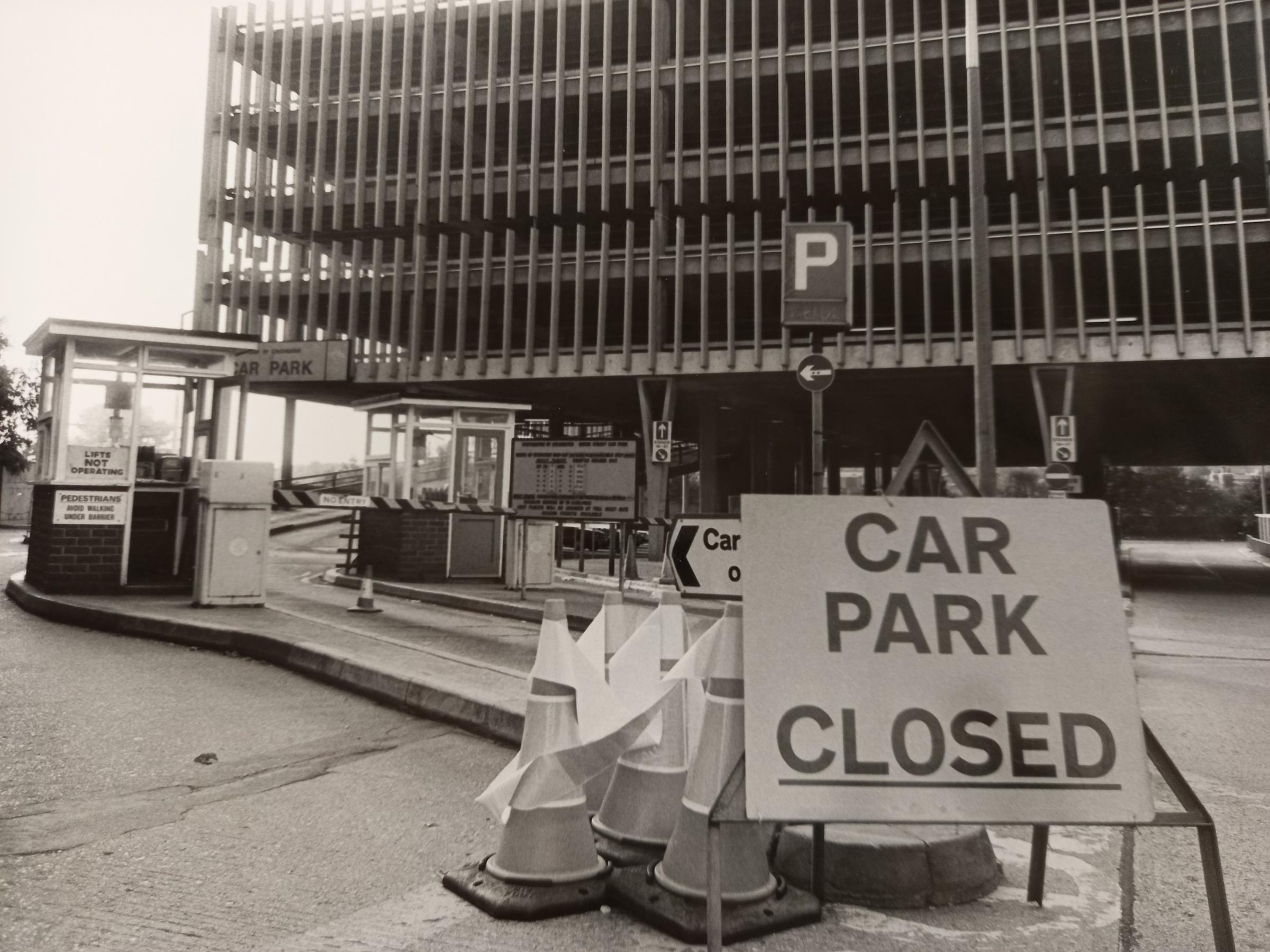 The closed sign for the Queen Street car park back in 1993