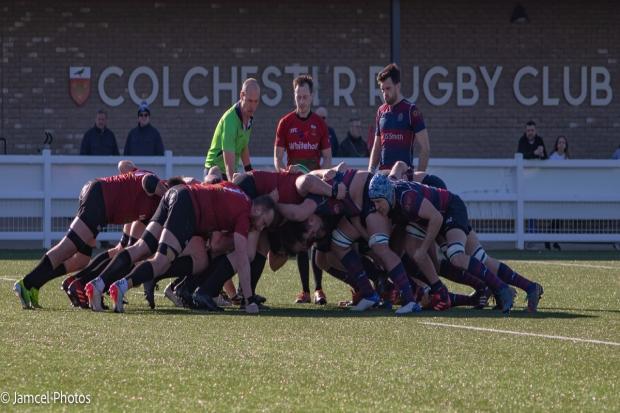 Get down - Colchester compete at a scrum against Old Haberdashers Picture: JAMCEL PHOTOS