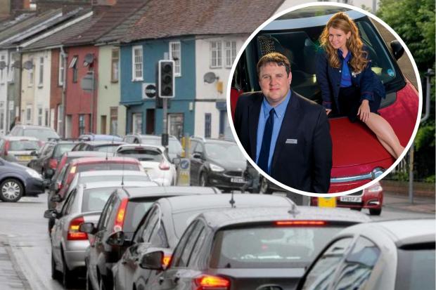 Queuing traffic in Colchester and inset Peter Kay's Car Share TV show