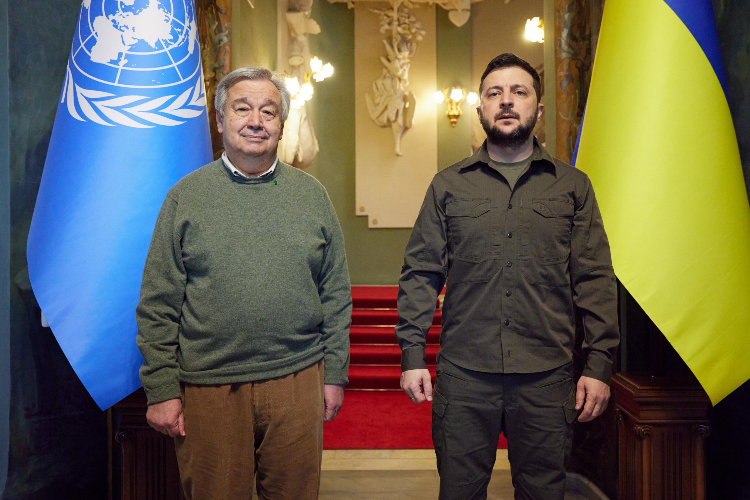 Handout photo dated 28/4/22 issued by the Ukrainian Presidential Press Office of Ukrainian President Volodymyr Zelensky (right) meeting UN Secretary-General Antonio Guterres during his visit to Ukraine. Mr Guterres, toured some of the destruction in and