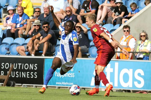 On the attack - Junior Tchamadeu in action for Colchester United in their 1-1 draw with Carlisle United Picture: STEVE BRADING